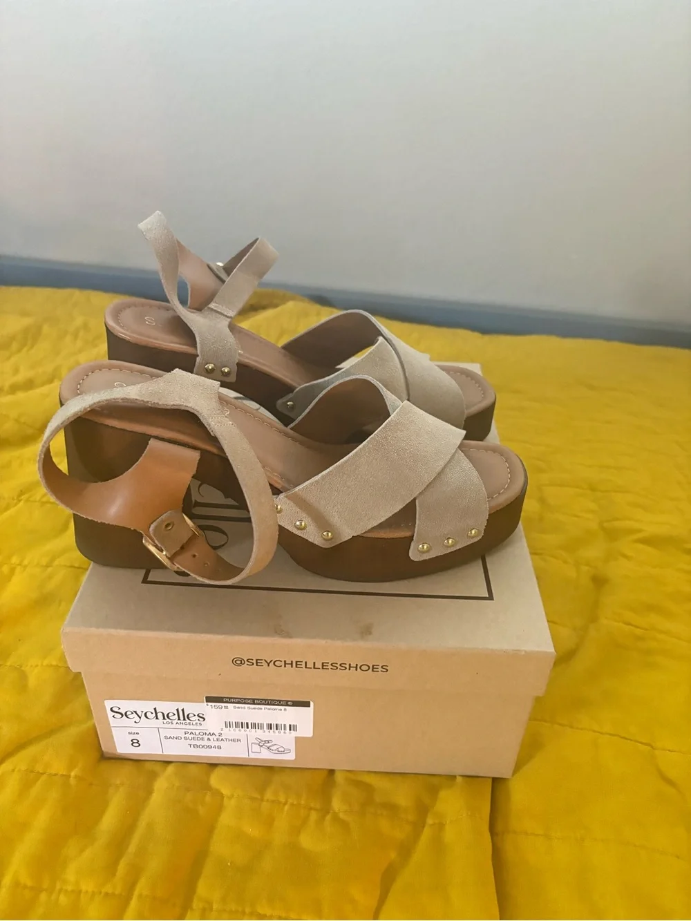 Seychelles Beige Suede Platform Sandals with Gold Studs